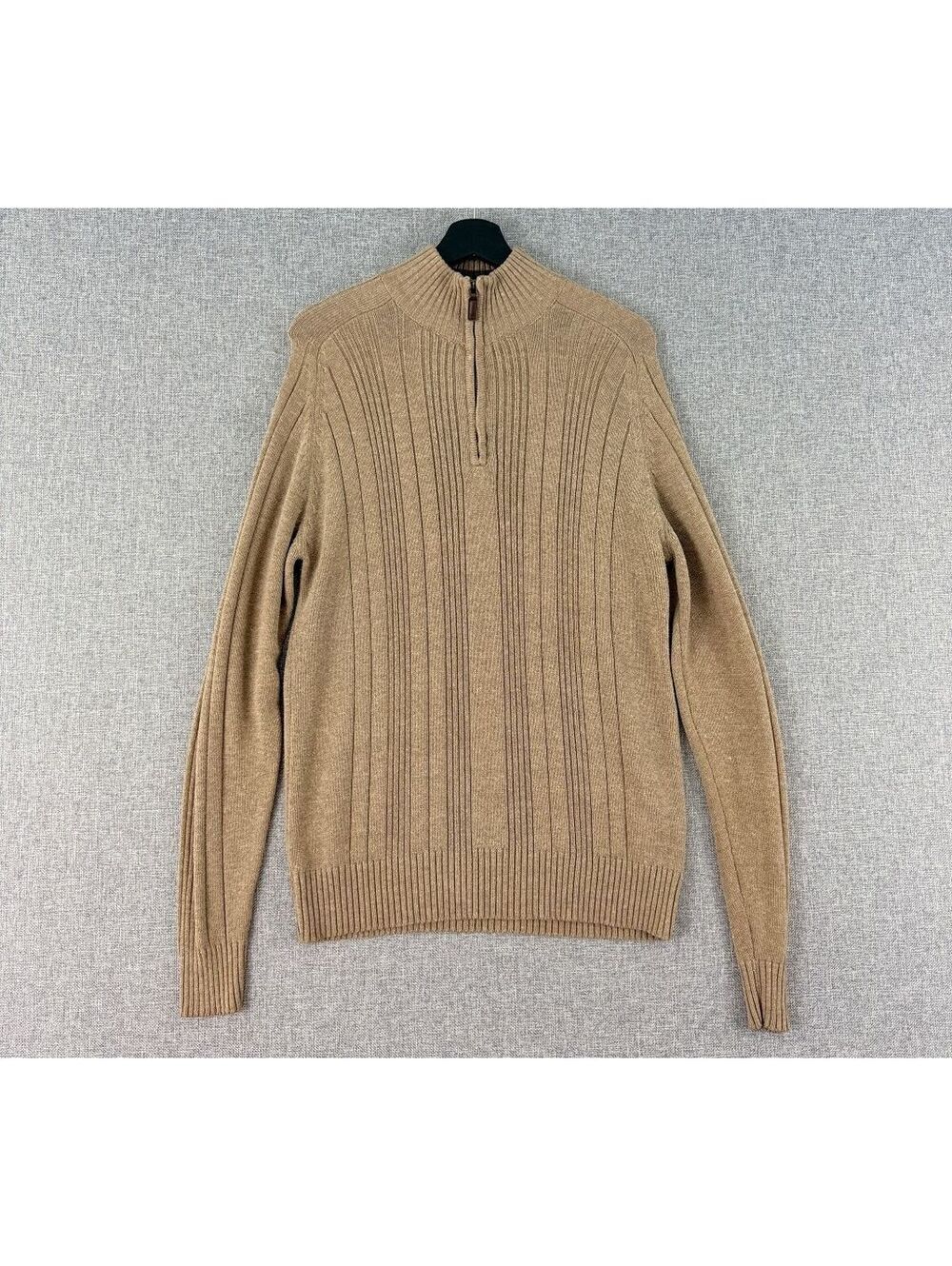 Oscar de la Renta Mens Size M Quarter  Zip Rib Knit Sweater Tan Cotton Blend